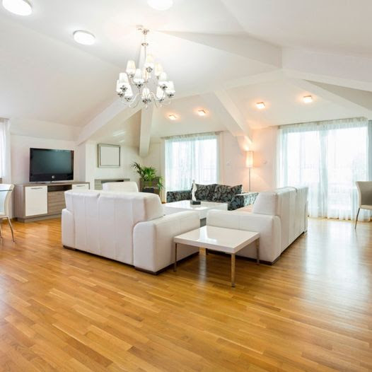 Living room with shiny hardwood flooring